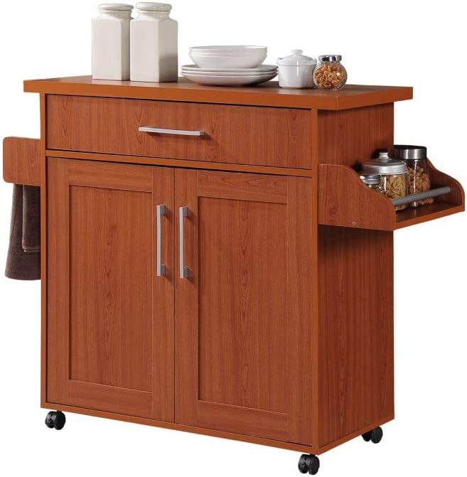 Hodedah Kitchen Island with Spice Rack， Towel Rack and Drawer， Cherry