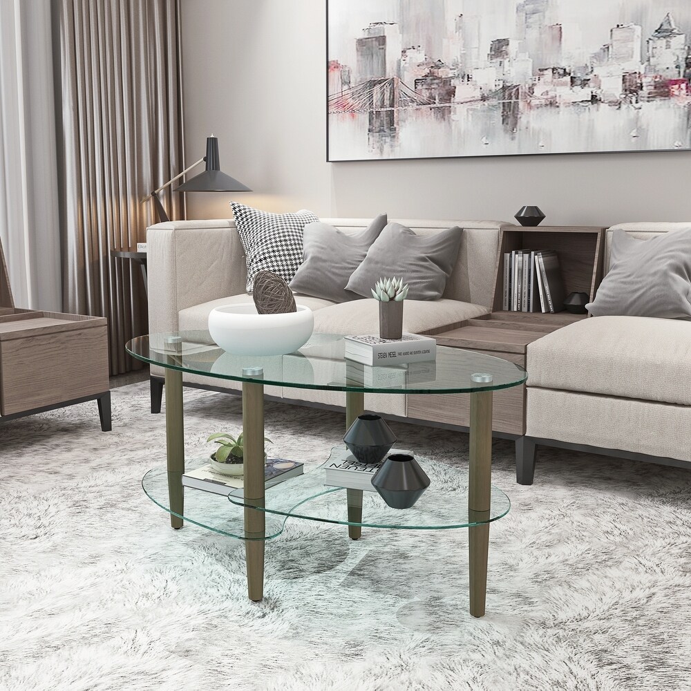 Oval glass coffee table  Transparent coffee table  modern table in living room with Oak wood legs  tea table