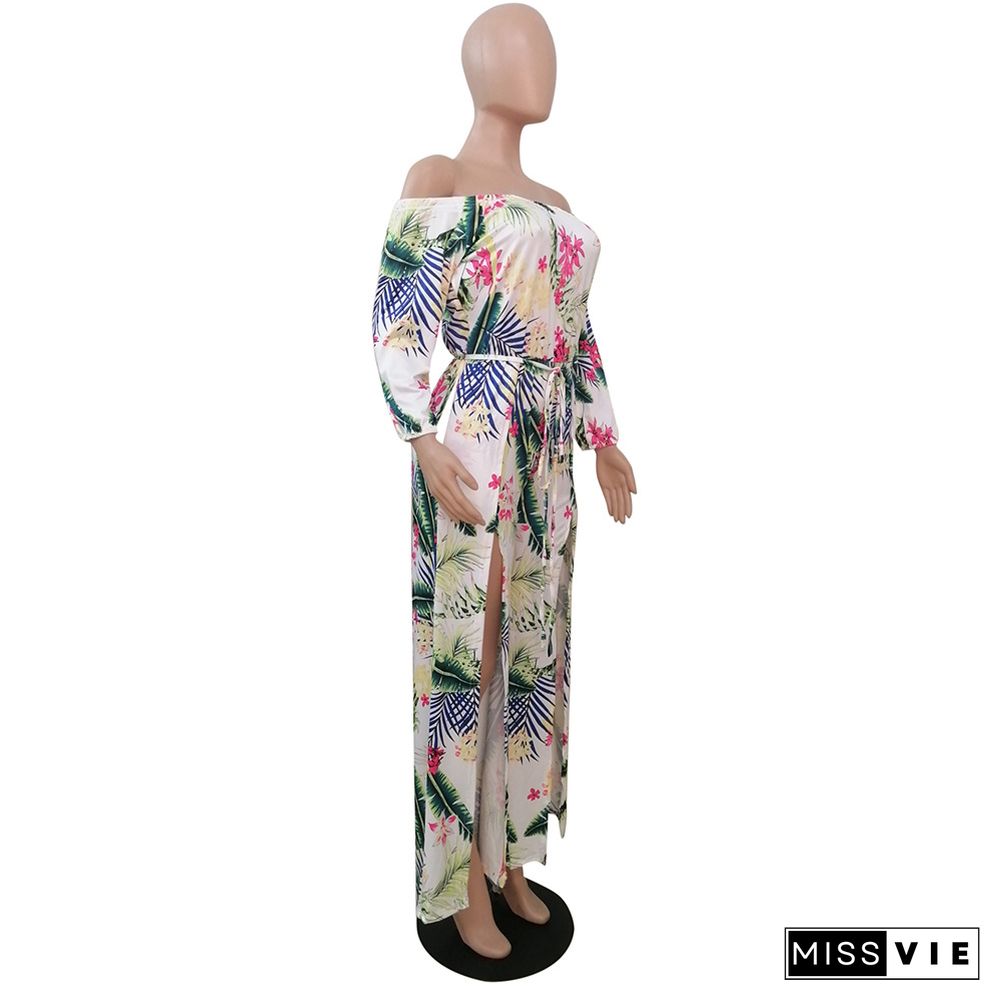 Summer Sexy Split Boho Beach Off Shoulder Long Sleeve Vintage Floral Printed Women Jumpsuit