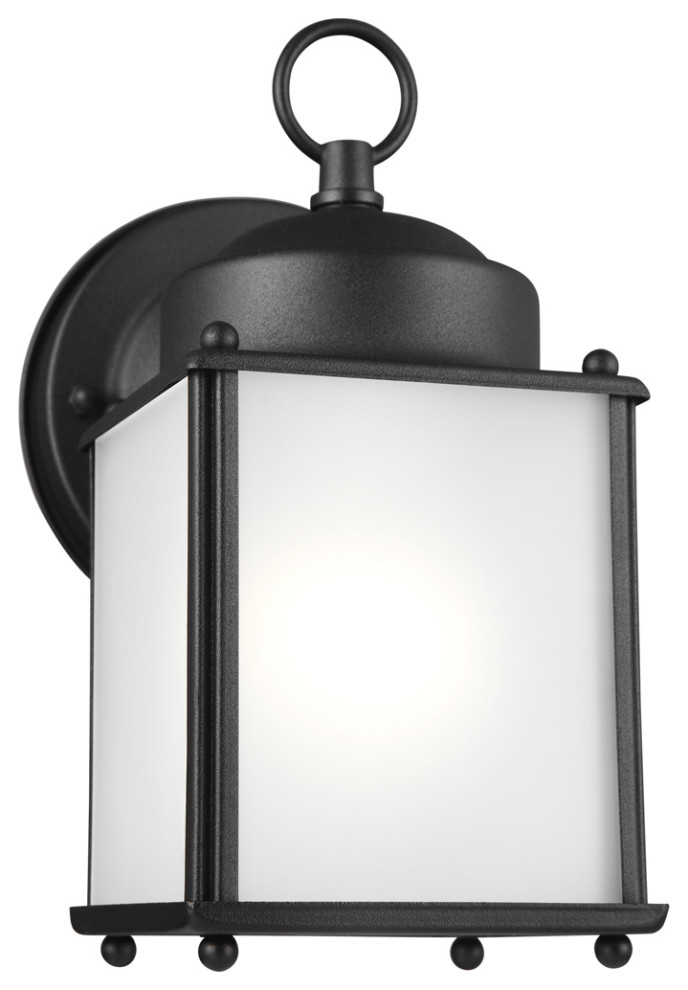 New Castle One Light Outdoor Wall Lantern in Black with Satin Etched Glass   Transitional   Outdoor Wall Lights And Sconces   by PLFixtures  Houzz