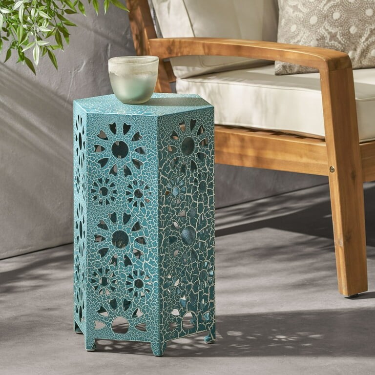 Outdoor 12 Inch Sunburst Iron Side Table  Crackle Teal