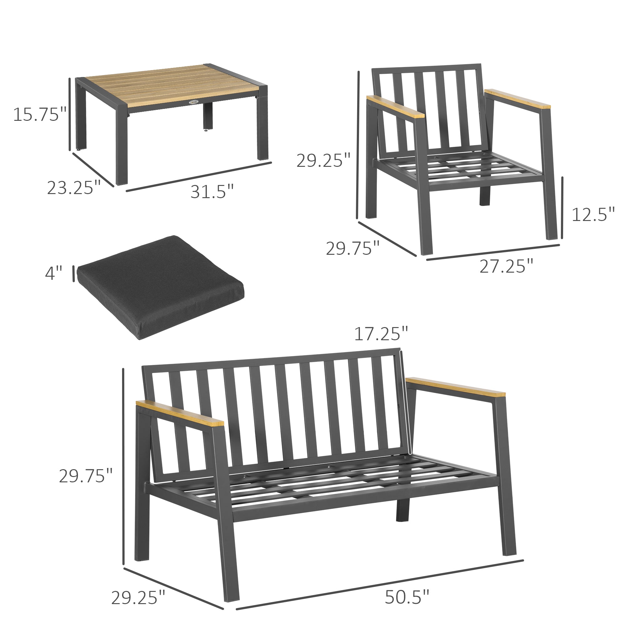 Outsunny 4-Piece Patio Furniture Set Aluminum Conversation Set Outdoor Garden Sofa Set with Loveseat, Center Coffee Table & Cushions, Grey