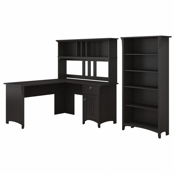 Bush Furniture Salinas 60W L Shaped Desk with Hutch and 5 Shelf Bookcase in Vintage Black