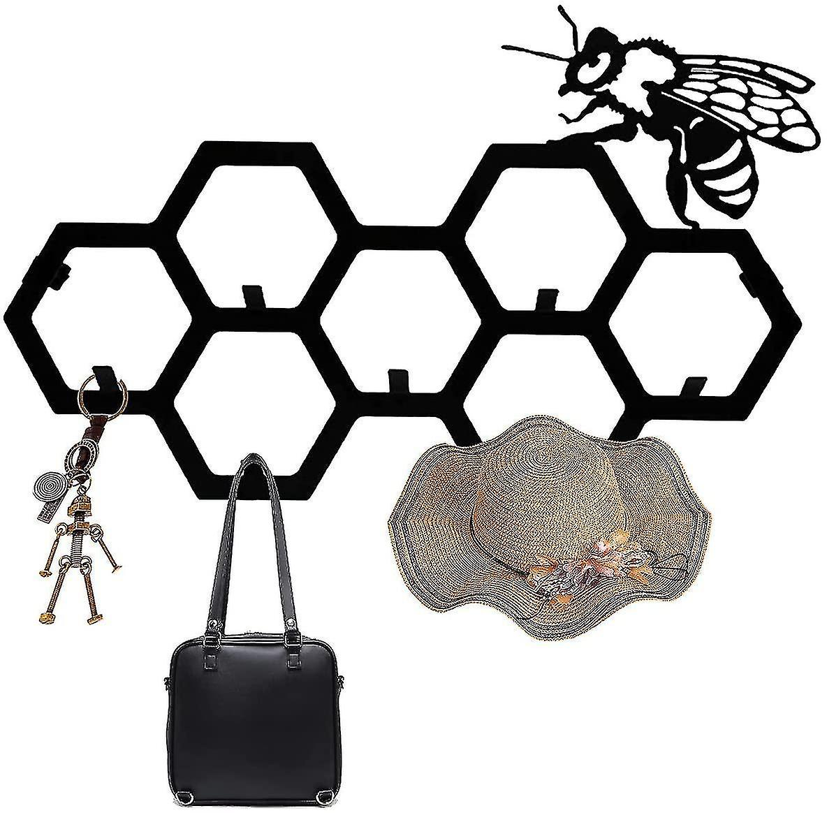 Metal Bee Coat Rack Wall Mounted， Bee With Honeycomb Metal Art Wall Decor， Bee Key Rack Beehive Wall