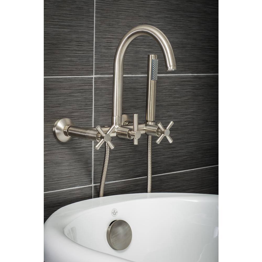 PELHAM  WHITE Modern 3-Handle Wall Mount Tub Faucet with Handshower and Hose Cross Handles in Brushed Nickel PW82411-C-BN