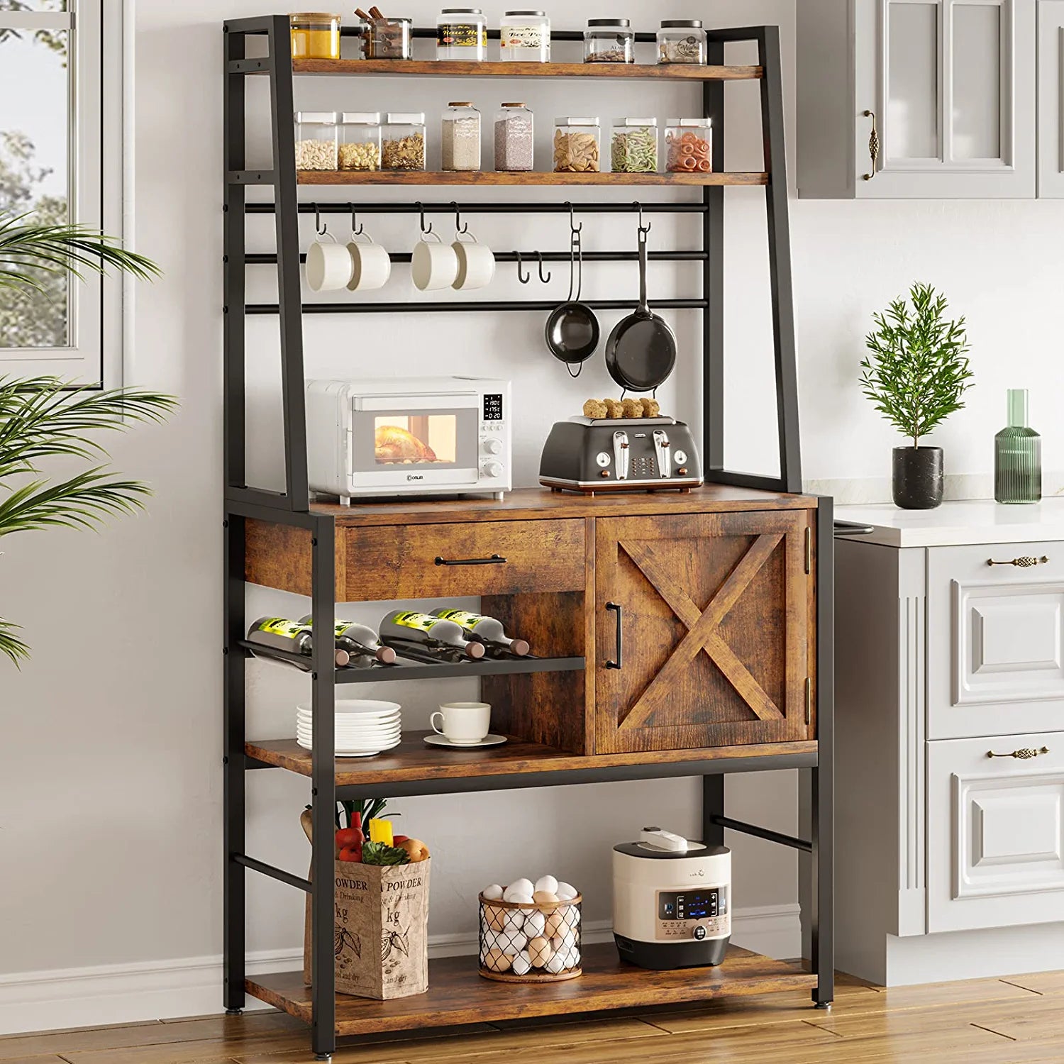 Baker's Rack， Coffee Bar Cabinet with Wine Rack， Storage Drawer and 8 Hooks for Kitchens， Rustic Brown