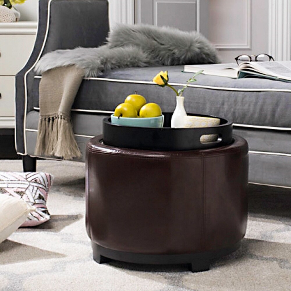 SAFAVIEH Round Brown Cordovan Ottoman with Storage Tray