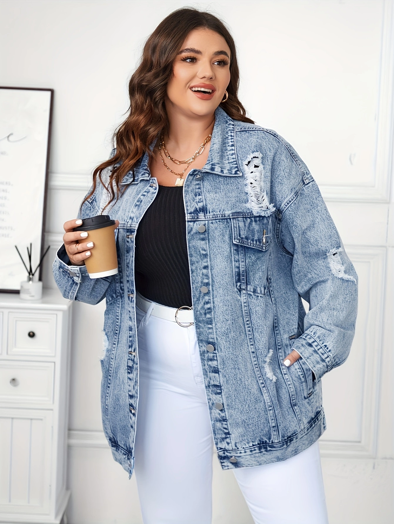 Plus Size Ripped Distressed Washed Blue Plain Long Sleeve Casual Denim Jacket for Women - Fashionable, Comfortable, and Versatile - Perfect for Daily Wear, Outdoor Activities, and Stylish Layering