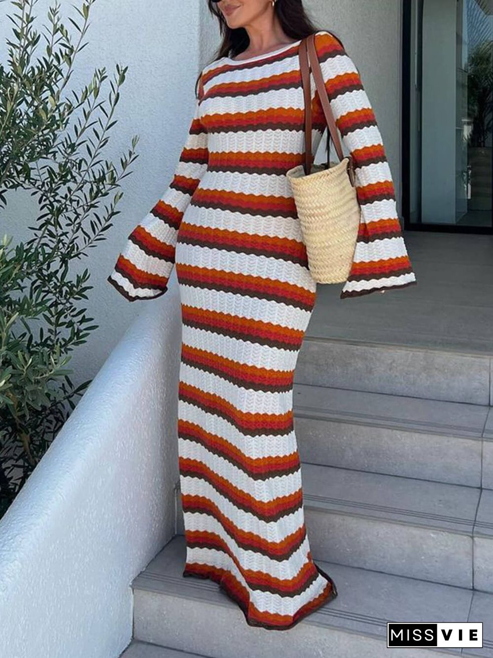 Zigzag Pattern Crochet Open Back Maxi Dress