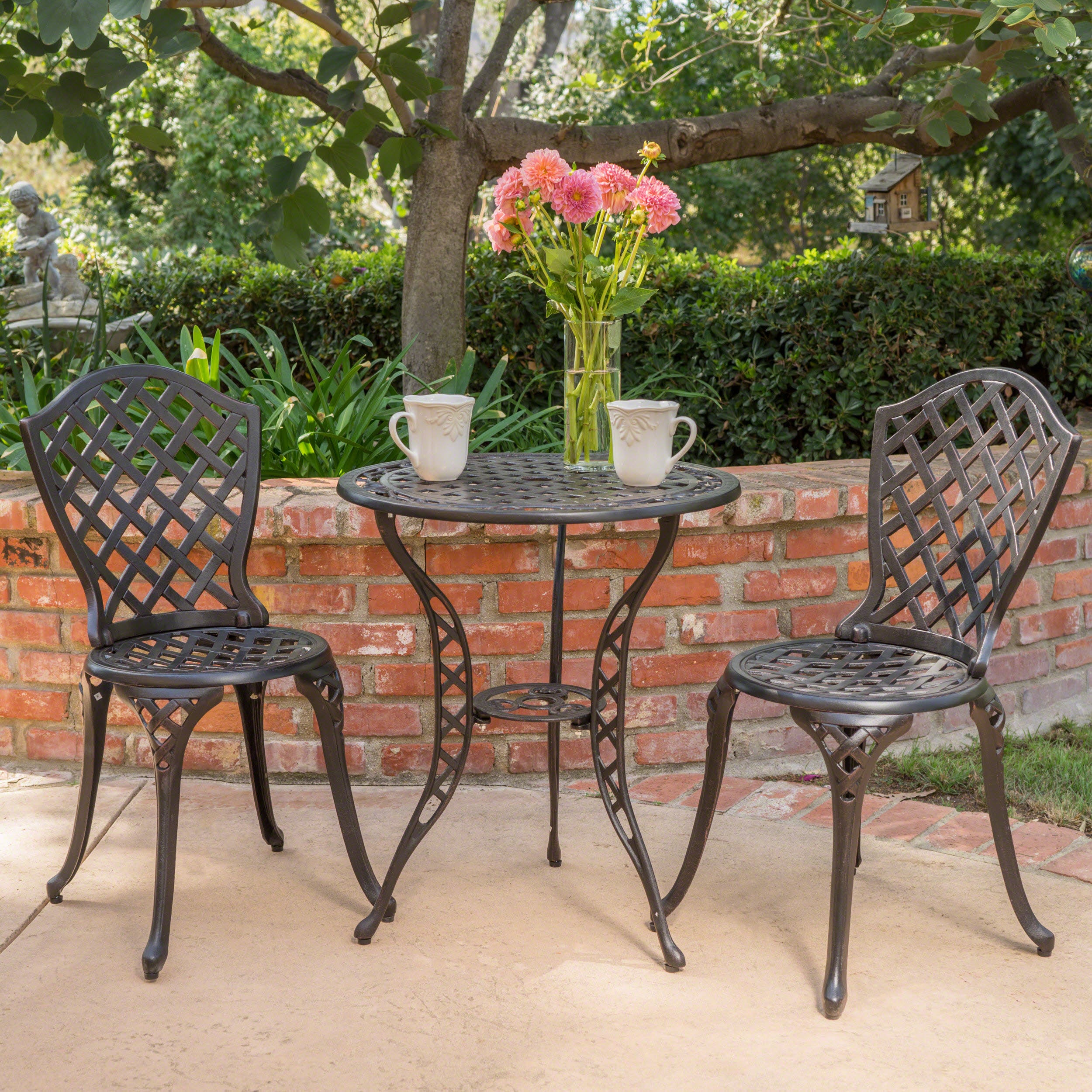 Lyon Traditional Outdoor 3-Piece Black with Bronze Cast Aluminum Bistro Set