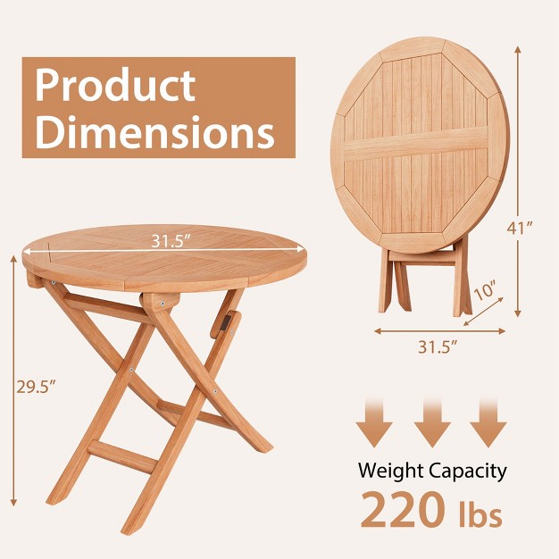 Costway 31 5 x27 x27 Patio Round Folding Dining Table Solid Teak Wood Natural Outdoor Portable