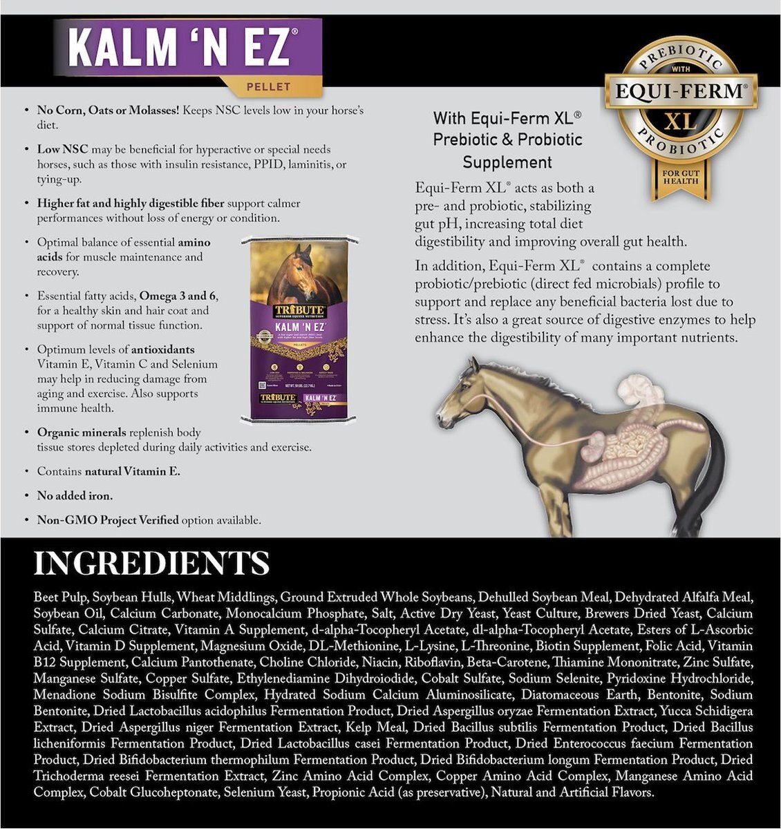 Tribute Equine Nutrition Kalm N' EZ Pellet Low-NSC， Molasses-Free Horse Feed