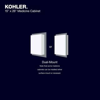 KOHLER 15 in. x 26 in. Aluminum Recessed or Surface Mount Soft Close Medicine Cabinet with Mirror in White Powder-Coat K-R79215-CA1