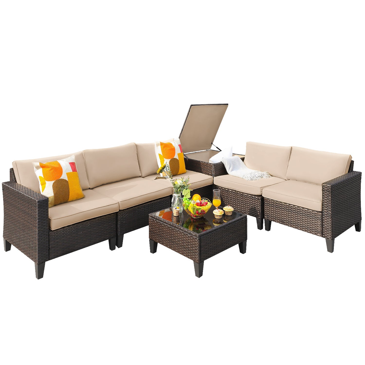 Homall 7 Pieces Patio Rattan Sectional Set Outdoor Conversation Set with Table & Storage Box, Beige