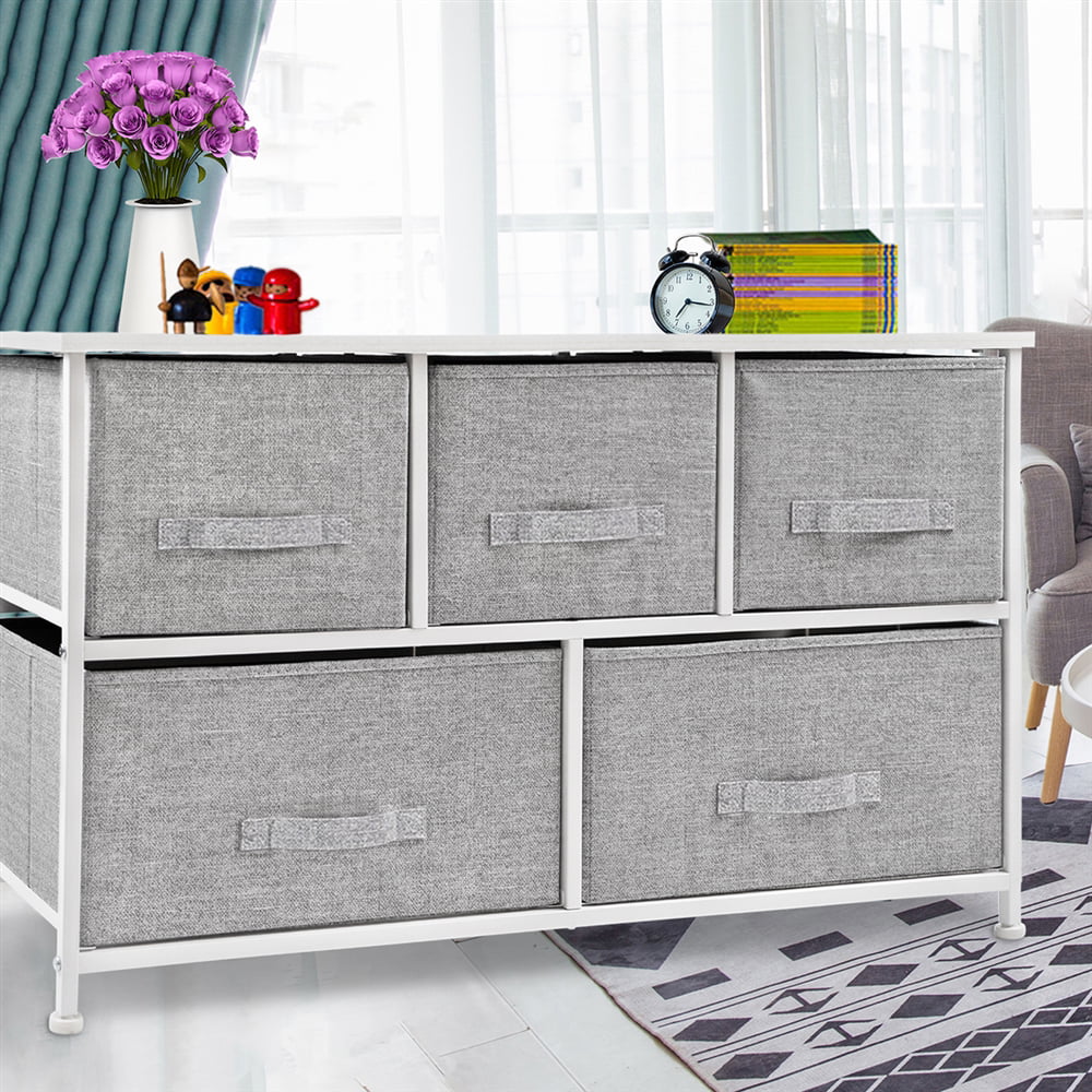 Bigroof Dresser Storage Organizer, Fabric Drawers Closet Shelves for Bedroom Bathroom Laundry Steel Frame Wood Top with Fabric Bins for Clothing Blankets Plush Toy (Light Gray-5 Drawers White Top)