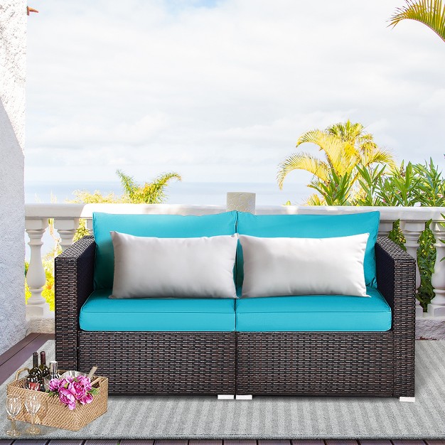 Costway 4pcs Patio Rattan Corner Sofa With Blue Cushion