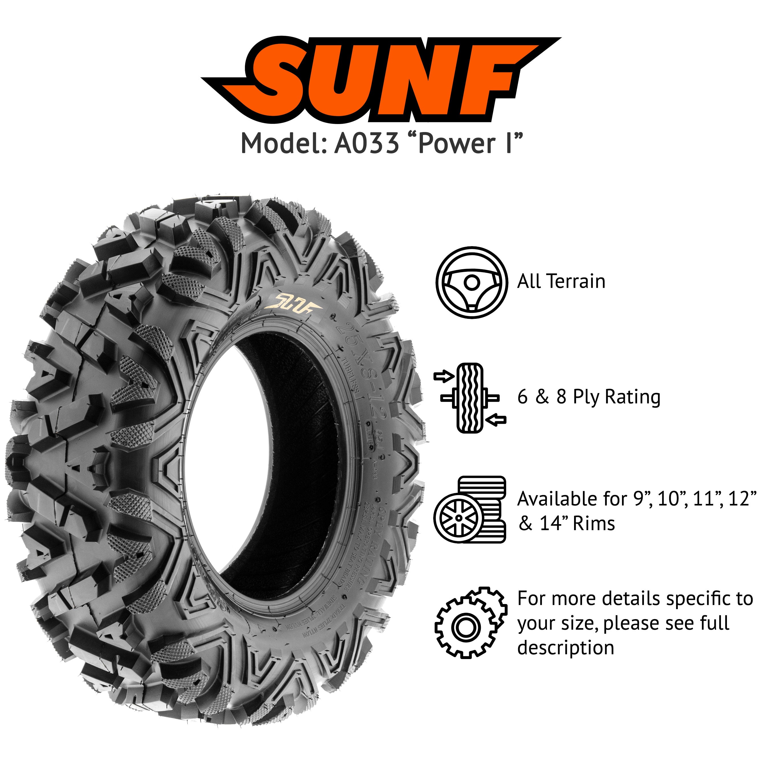 SunF ATV UTV Tires A033 25x8-12 25x8x12 6PR (Single)