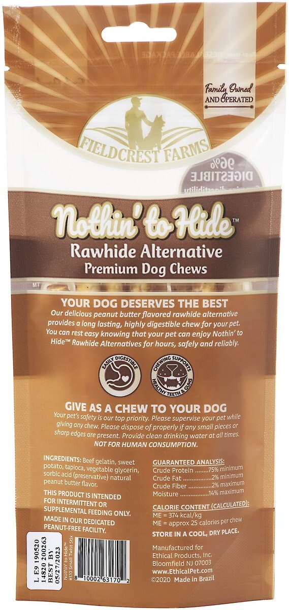 Fieldcrest Farms Nothin' To Hide Rawhide Alternative Premium Dog Chews Small Twist Stix Peanut Butter Flavor Natural Chew Dog Treats， 10 count