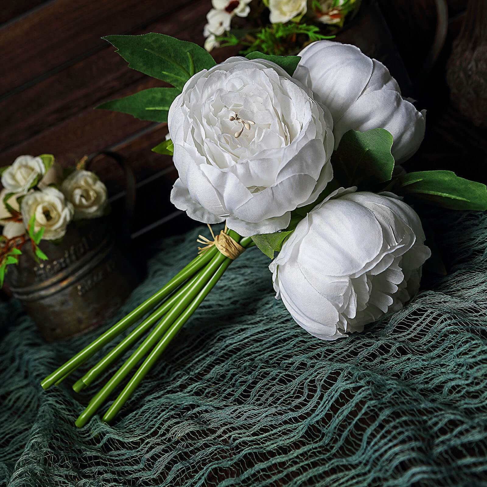 5 Flower Head White Peony Bouquet Artificial Silk Peonies Spray