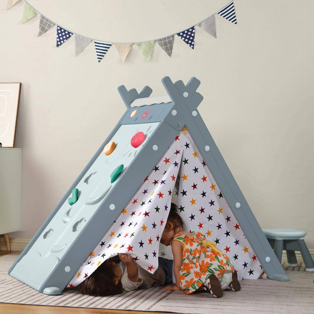 4-in-1 Teepee Tent with Stool and Climber in Blue LN20232786