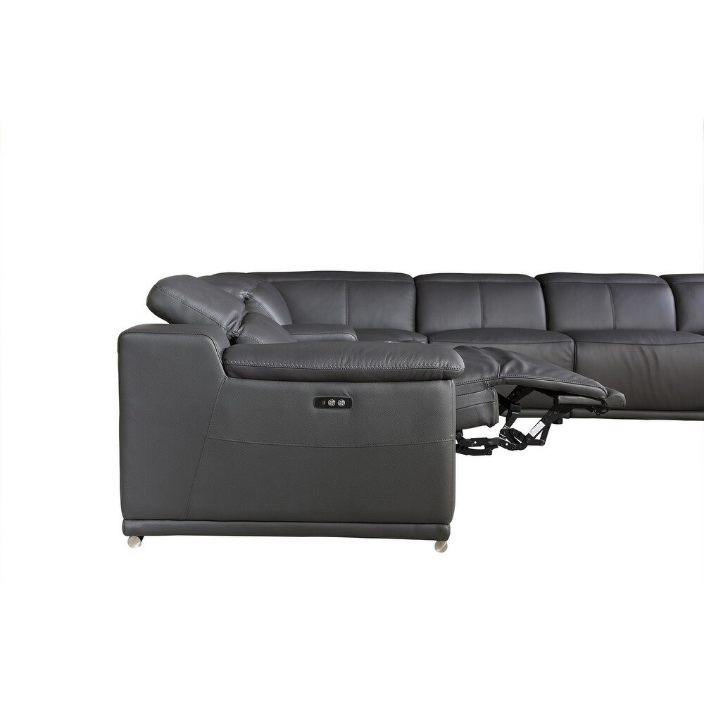 HomeRoots Gray Italian Leather Power Reclining U Shaped Eight Piece Corner Sectional With Console   267