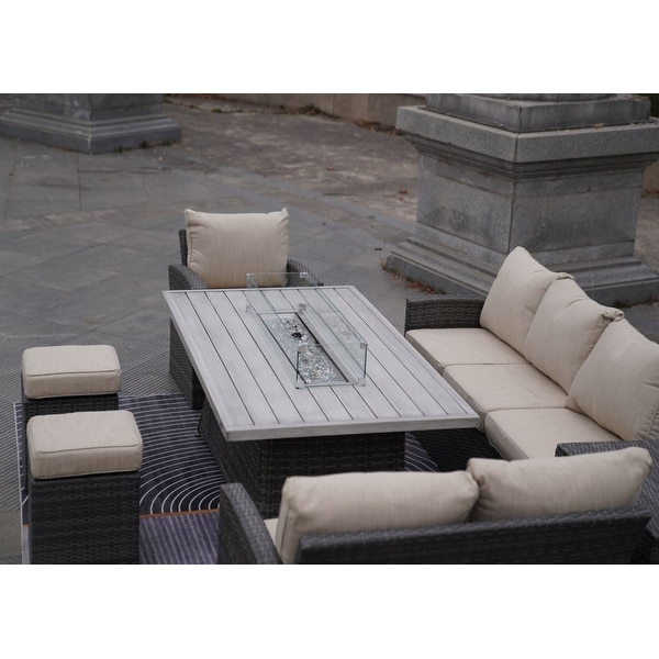 7Piece Outdoor Sofa with Aluminium table top Fire Pit Set