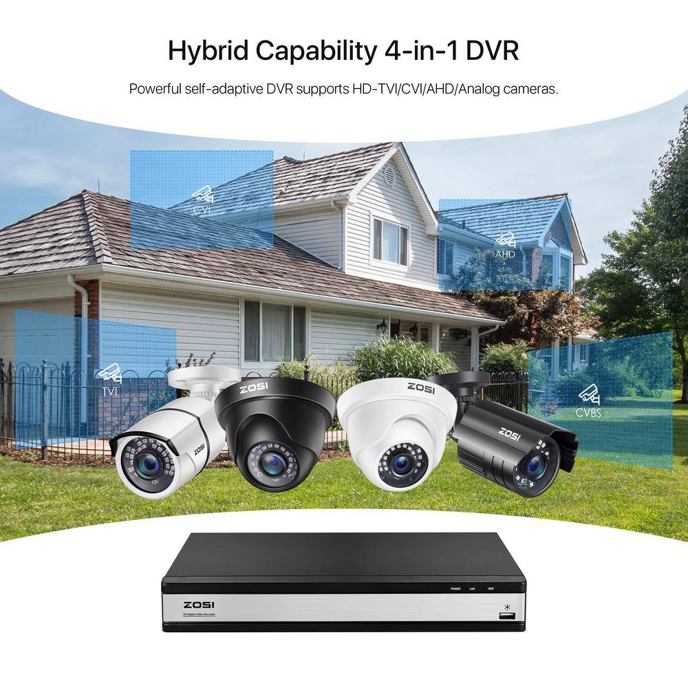 ZOSI 16-Channel 5MP-Lite 4TB DVR Security Camera System with 12 Wired 1080p Outdoor Dome Cameras 80 ft. Night Vision 16CK-418B12S-40-US