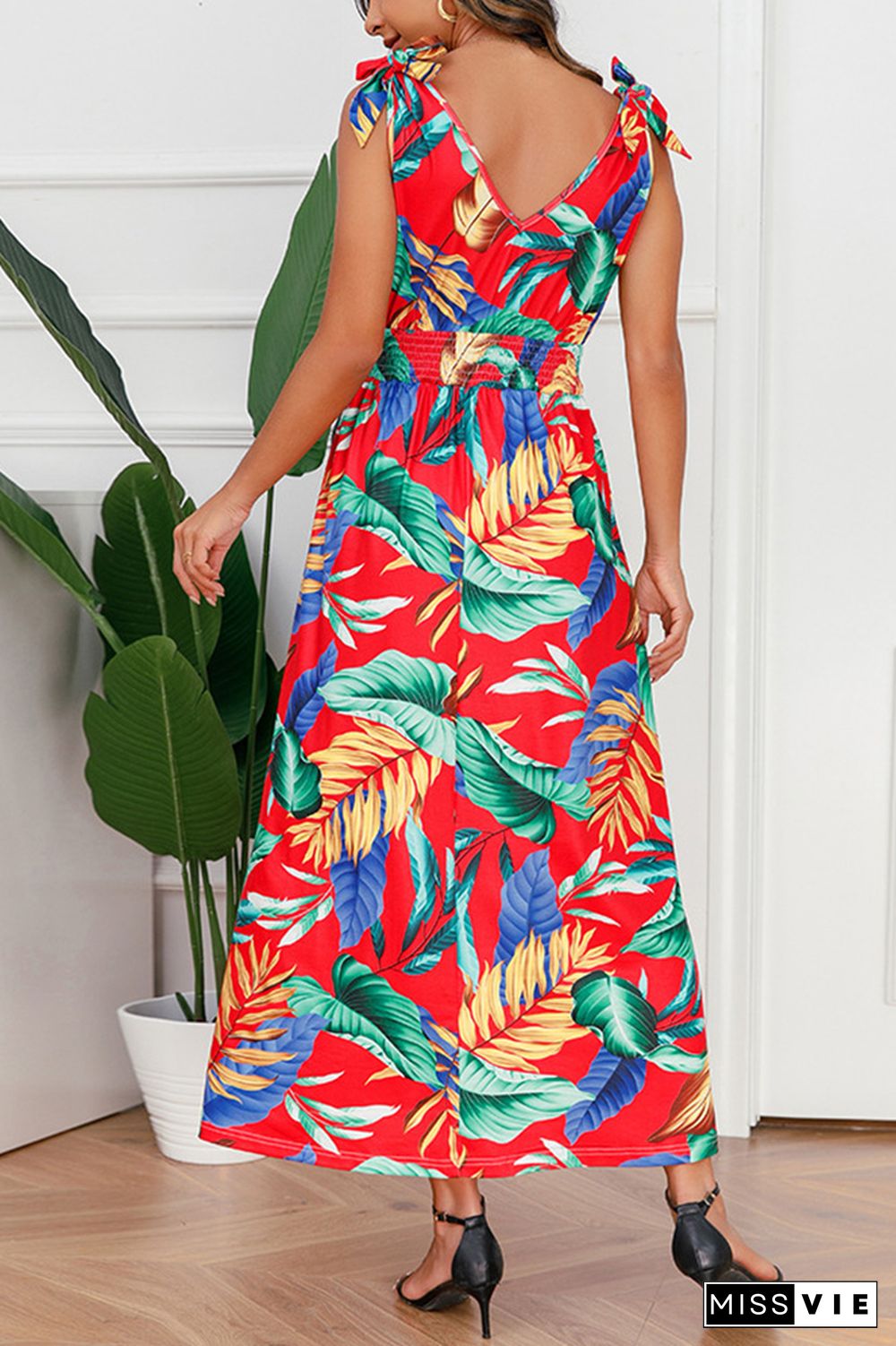 Palm Leaf Print Sleeveless Long Dress