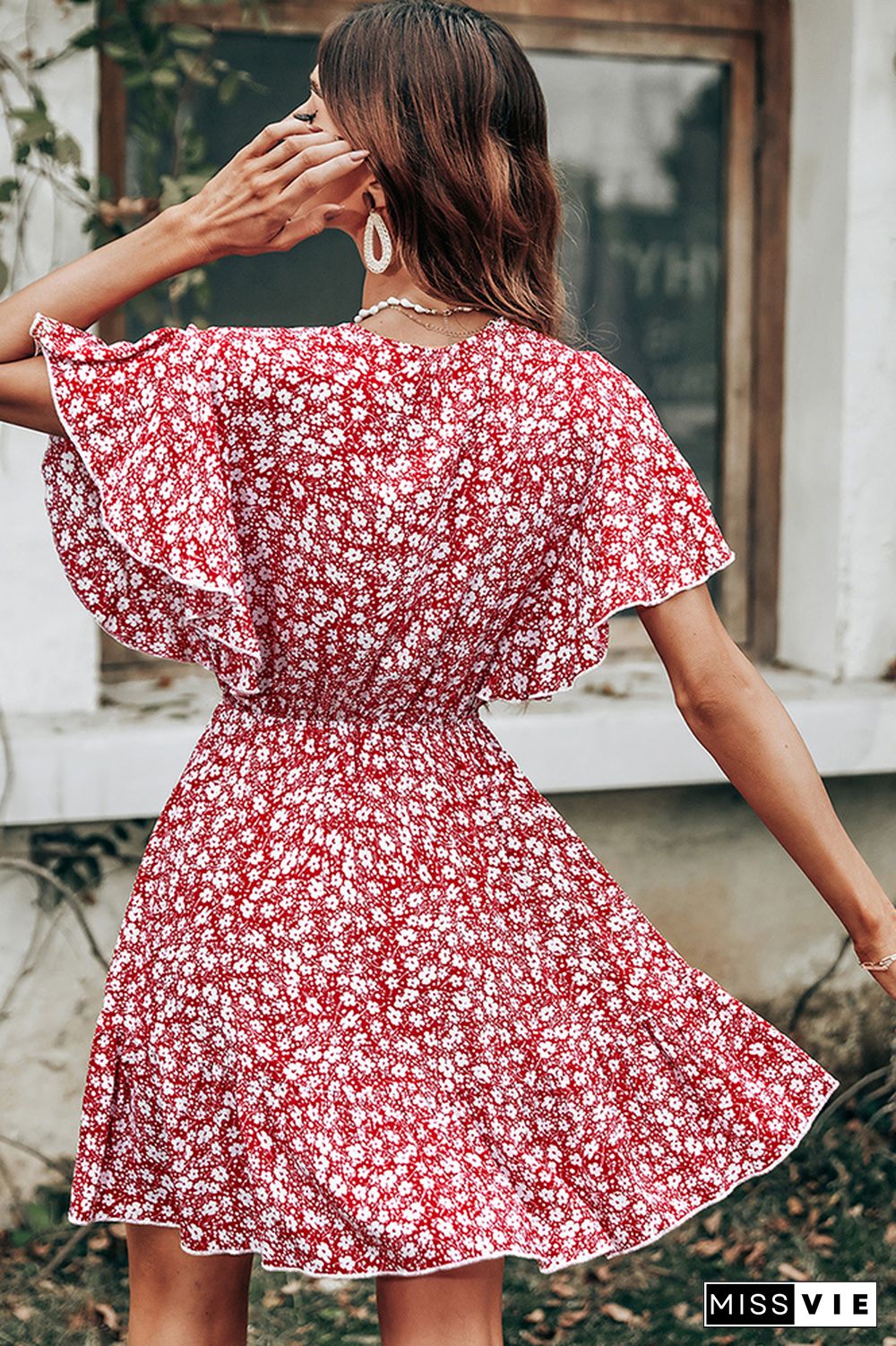 Red V Neck Floral Short Sleeve Dress Wholesale