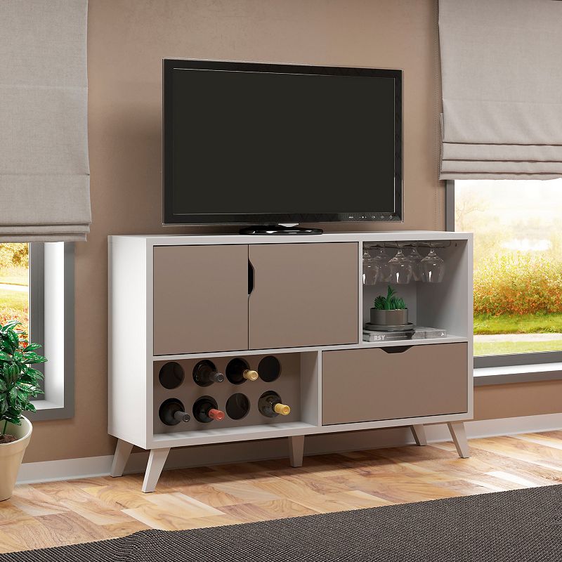 54 Inch 2 Door Wine Bar Cabinet TV Entertainment Console， Wine Rack， 1 Drawer， White， Gray