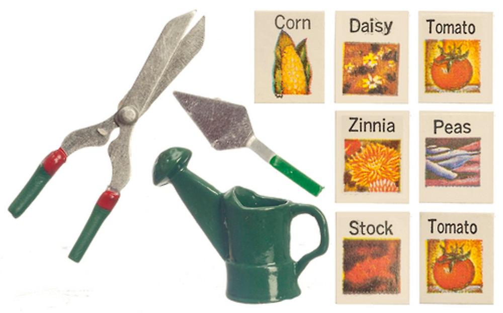 Dolls House Seeds Watering Can Shears Trowel Miniature Garden Accessory Set