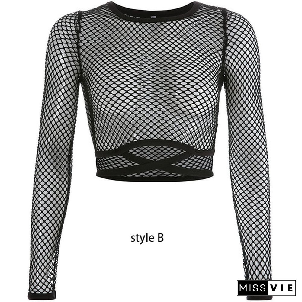 Women's Summer Fashion Black Fishnet Tops Sexy Hollow Long Sleeve Mesh Tops T-shirt Sheer Tops