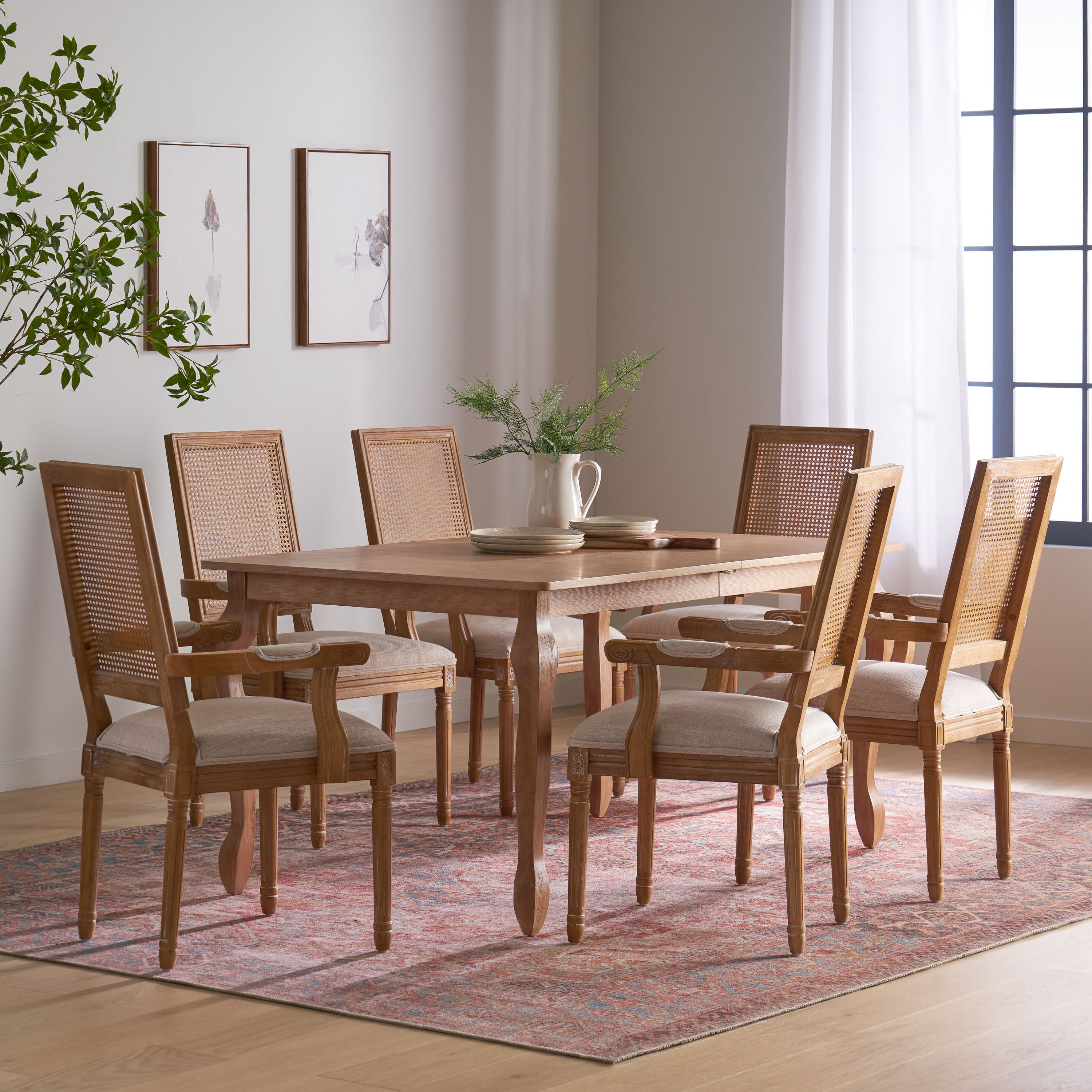 Regan French Country Fabric Upholstered Wood and Cane Expandable 7 Piece Dining Set