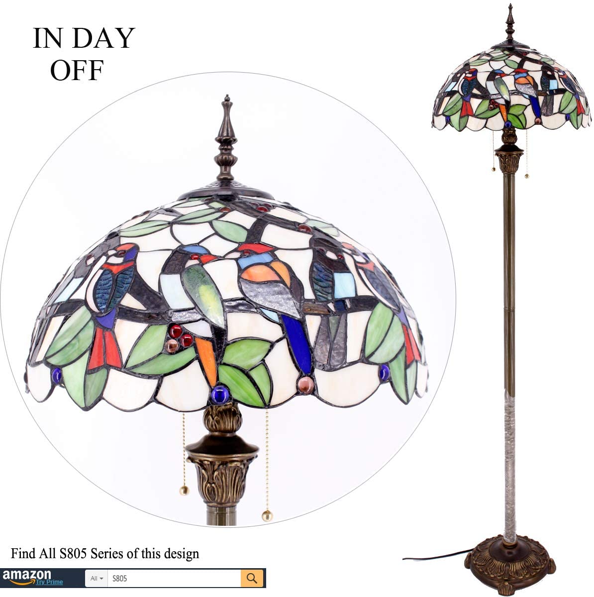 BBNBDMZ Tiffany Floor Lamp Double Birds Amber Stained Glass Standing Reading Light 16X16X64 Inches Antique Pole Corner Lamp Decor Bedroom Living Room  Office S805 Series