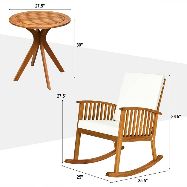 Costway 3pcs Patio Rocking Chair Set Round Table Solid Wood Cushioned Sofa Garden Deck