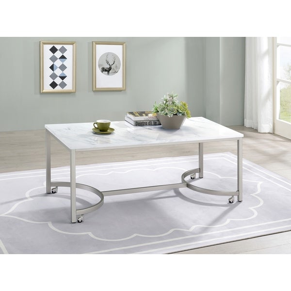 Coaster Furniture Leona White and Satin Nickel Coffee Table with Casters