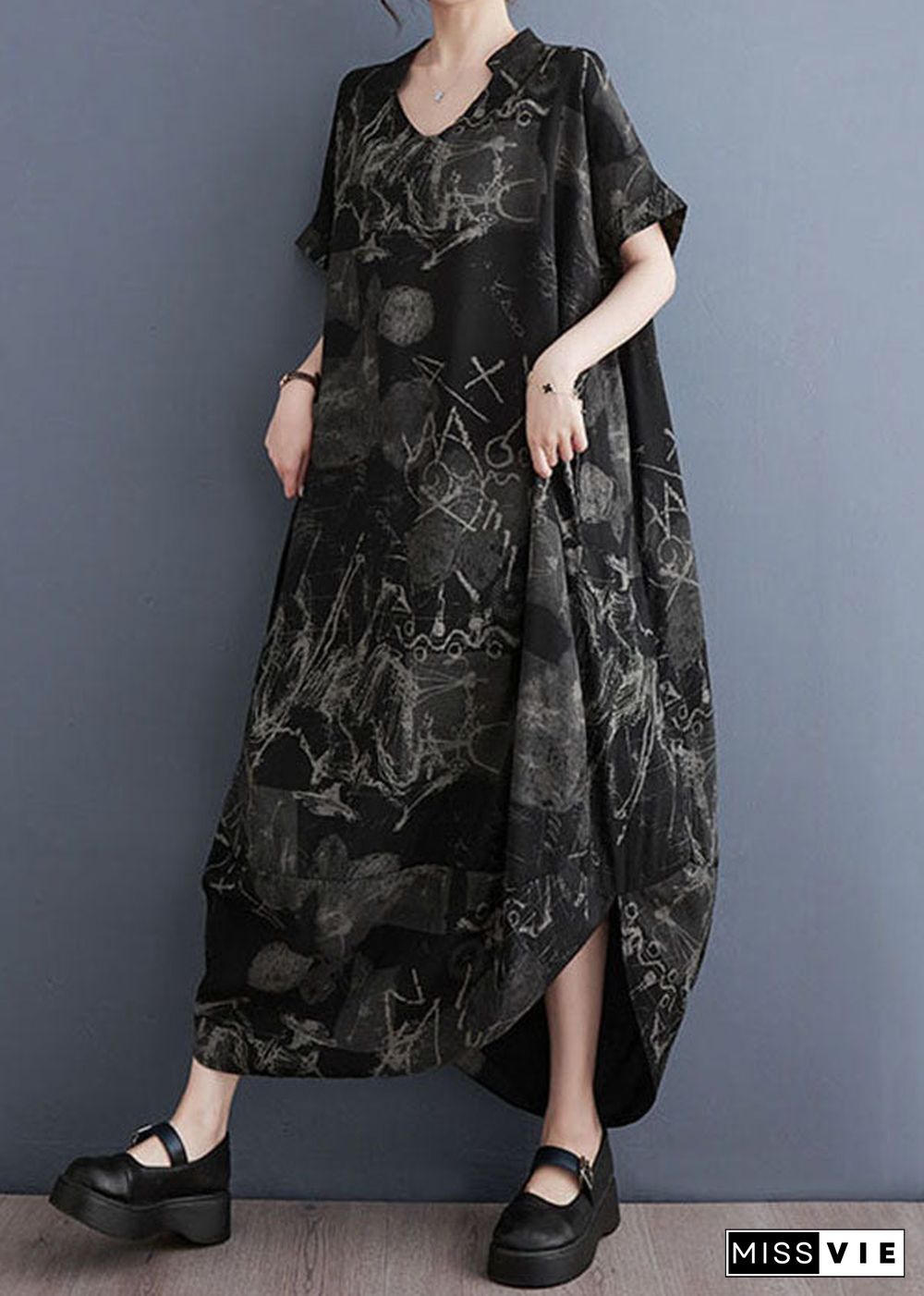 Art Black V Neck Print Patchwork Cotton Long Dress Summer