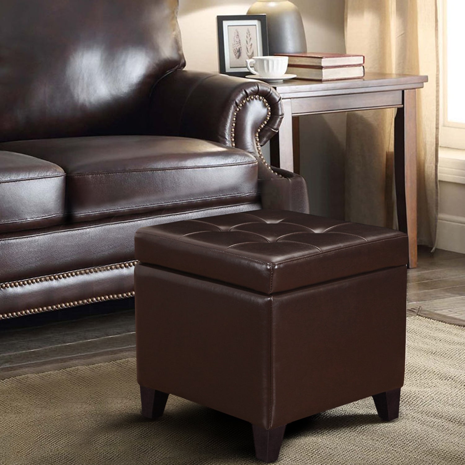 Joveco Leather Square Storage Ottoman Footstool Bench Foldable Storage Footrest for Living Room Bedroom,Brown