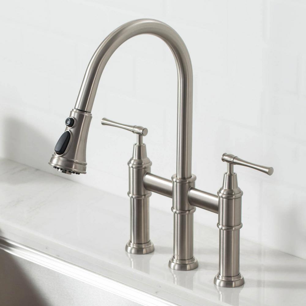 KRAUS Allyn Double Handle Transitional Bridge Kitchen Faucet with Pull-Down Sprayhead in Spot Free Stainless Steel KPF-3121SFS