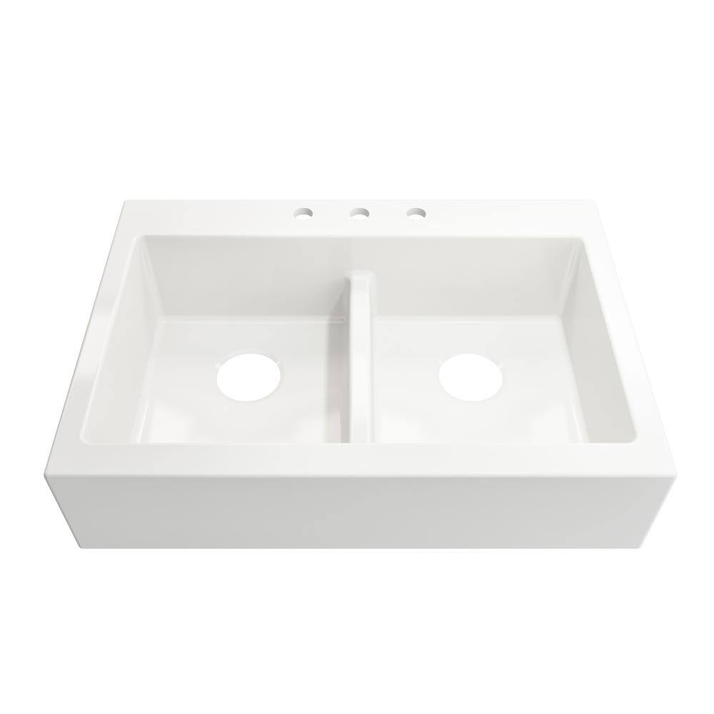 Glacier Bay Farmhouse Apron-Front Fireclay 34 in. 3-Hole Double Bowl Kitchen Sink in White with Bottom Grid 3ABRB-01-001