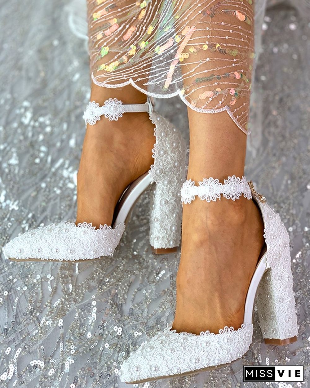 Floral Pattern Beaded Ankle Strap Chunky Heels