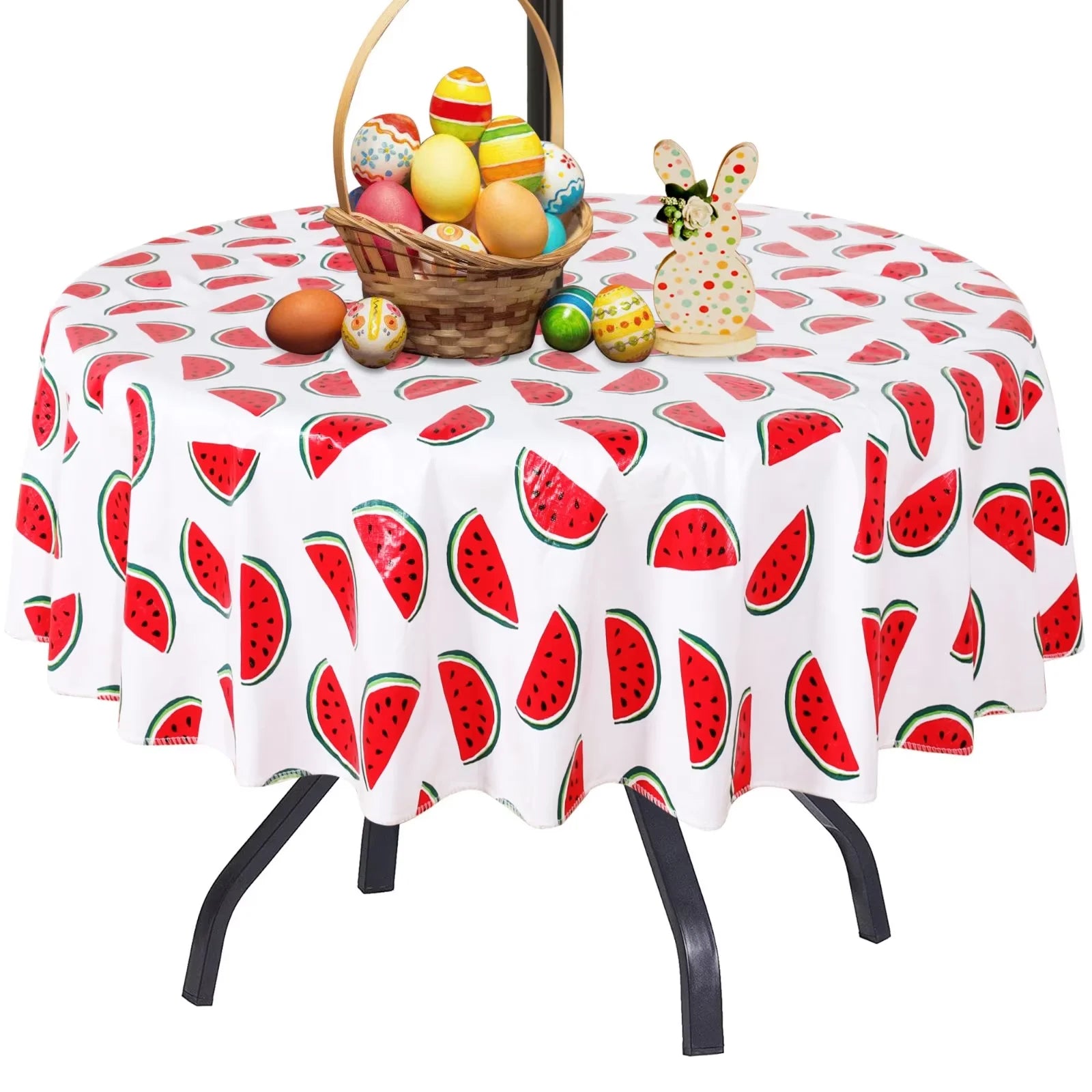 LUSHVIDA Round Outdoor Tablecloth with Umbrella Hole and Zipper- 60Inch Watermelon Waterproof Table Cloth Wipe Clean Vinyl Patio Tablecloths for Spring/Summer Picnic, BBQ, Camping, Garden