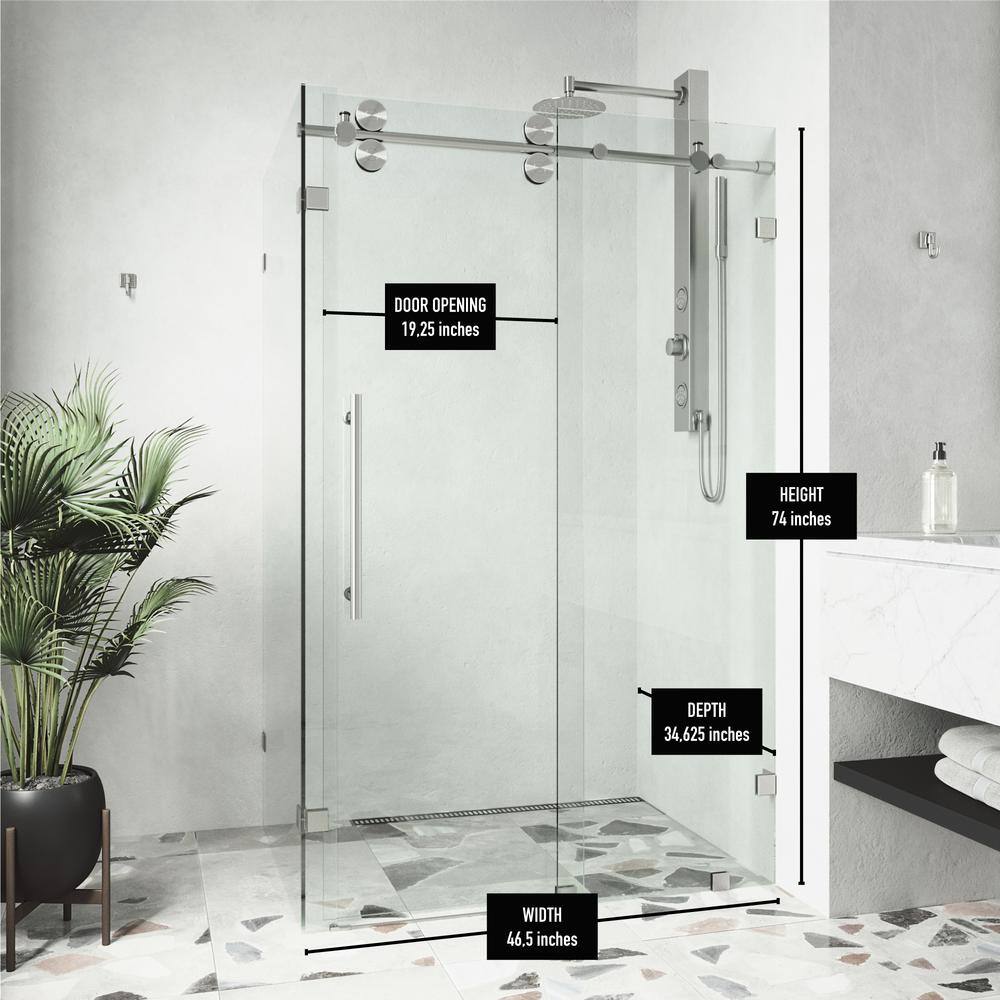 VIGO Winslow 34 in. L x 46 in. W x 74 in. H Frameless Sliding Rectangle Shower Enclosure in Stainless Steel with Clear Glass VG6051STCL48