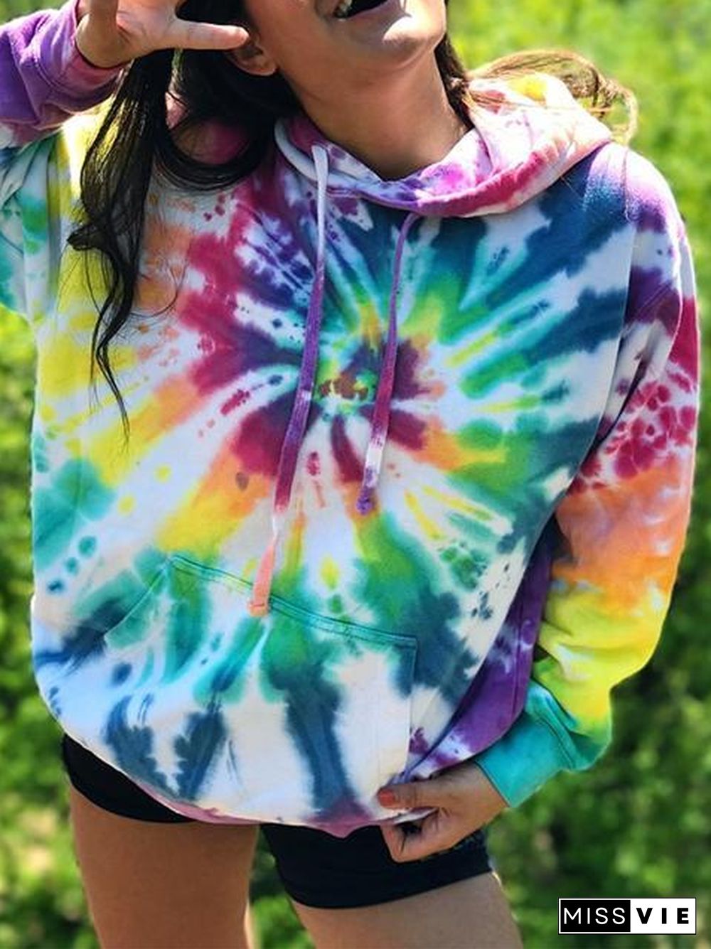 Tie-Dye Long Sleeve Drawstring Pullover Hoodie