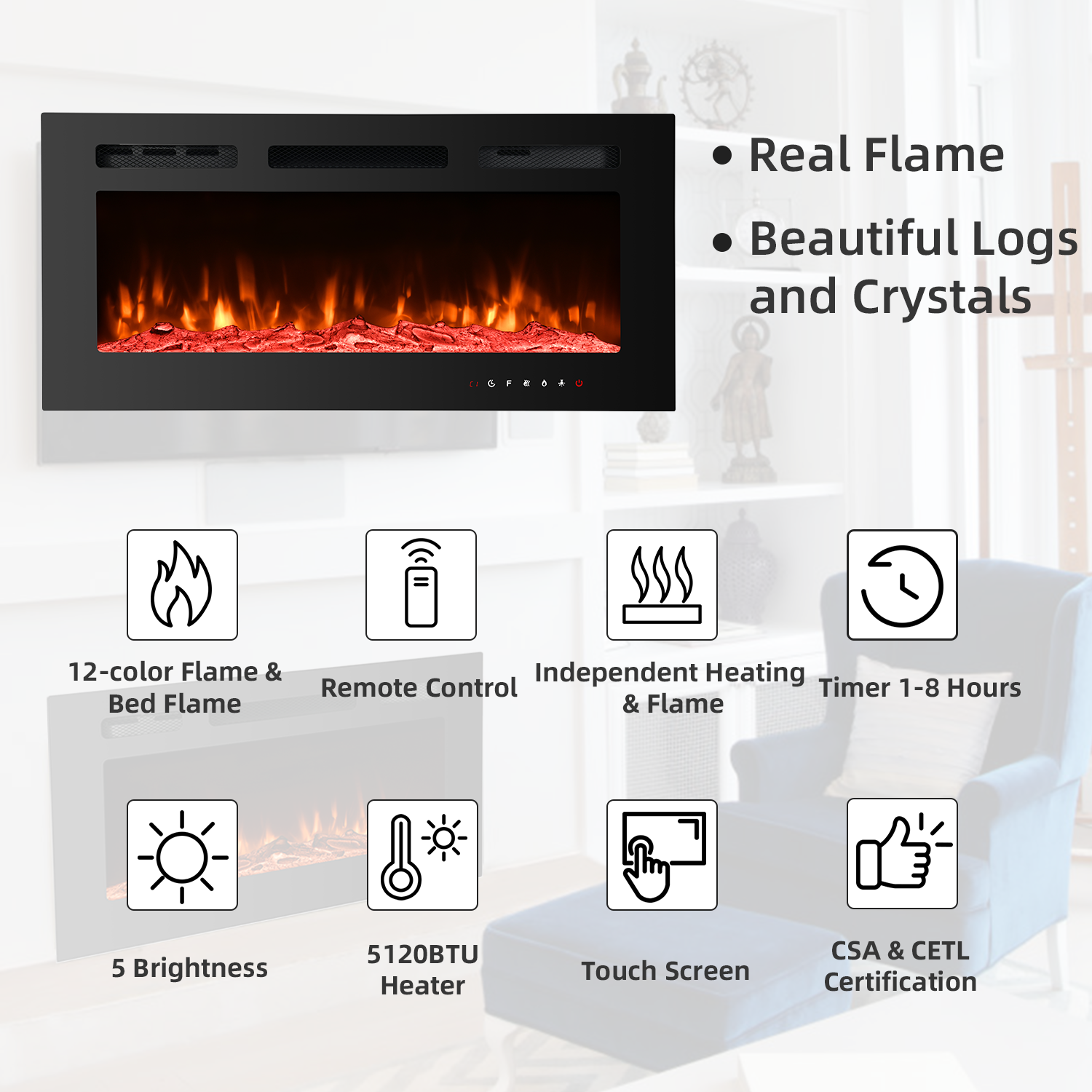 Erommy 36" Electric Fireplace Insert Recessed and Wall Mounted, Linear Fireplace with Timer, Touch Screen, Adjustable Flame Color, 750/1500W