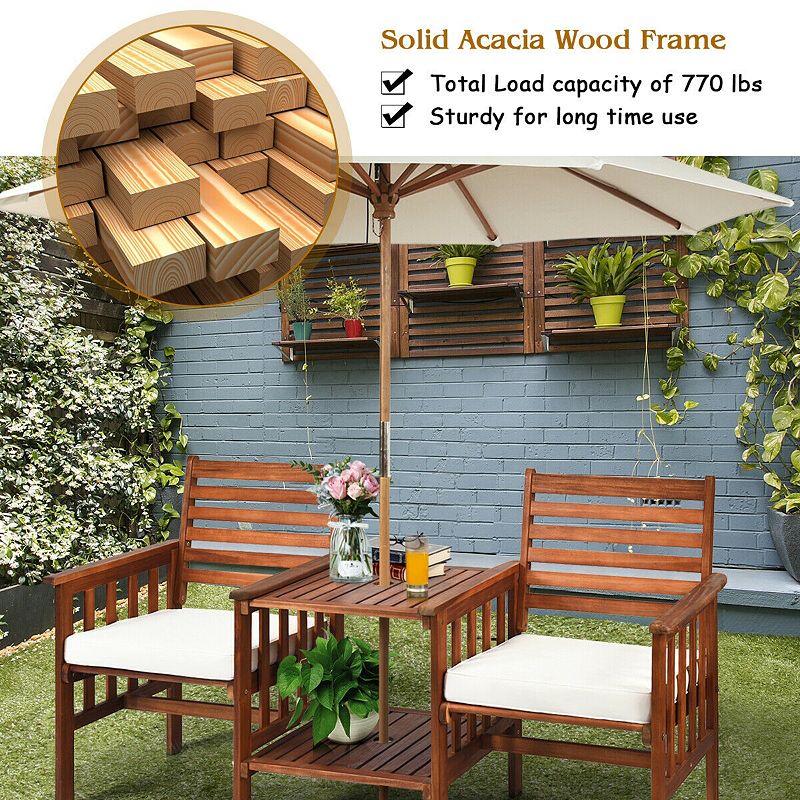 3 pcs Outdoor Patio Table Chairs Set Acacia Wood Loveseat