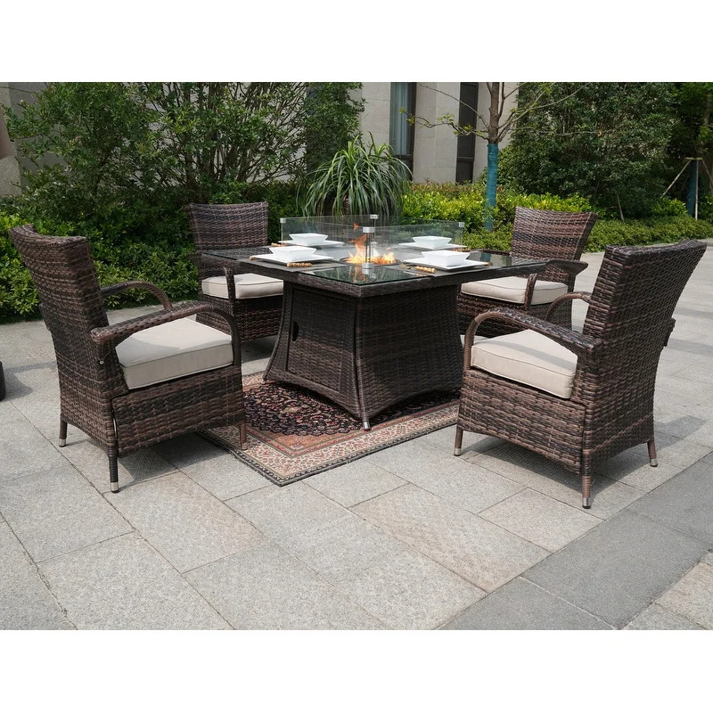 5 Piece Patio Square Fire Pit Table  Arm Chairs   Tropical   Outdoor Dining Sets   by Abrihome  Houzz