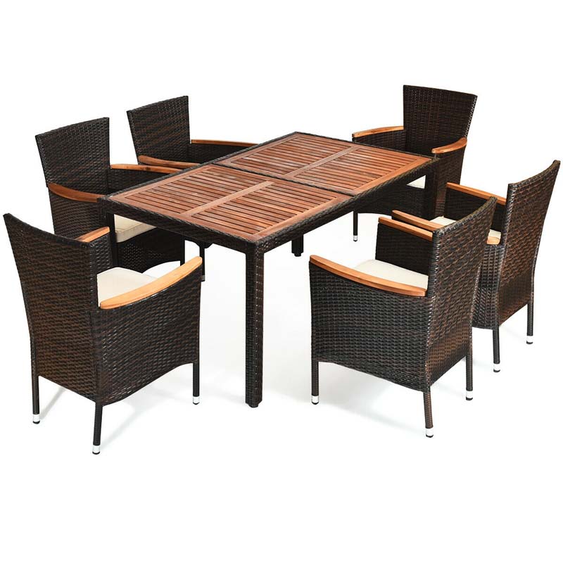 7 Pcs Rattan Outdoor Dining Set with Acacia Wood Tabletop & 6 Stackable Cushioned Armchairs