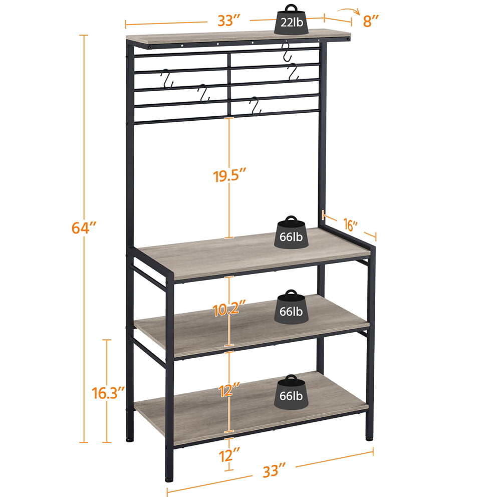 Topeakmart 4-tier Kitchen Baker's Rack Kitchen Microwave Oven Stand with High Display Shelf and 5 S-Shape Hooks， Gray