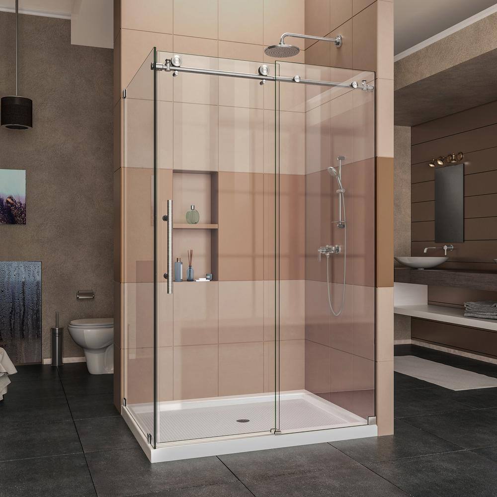 DreamLine Enigma-X 34 12 in. D x 48-38 in. W x 76 in. H Frameless Sliding Corner Shower Enclosure in Brushed Stainless Steel SHEN-6134480-07